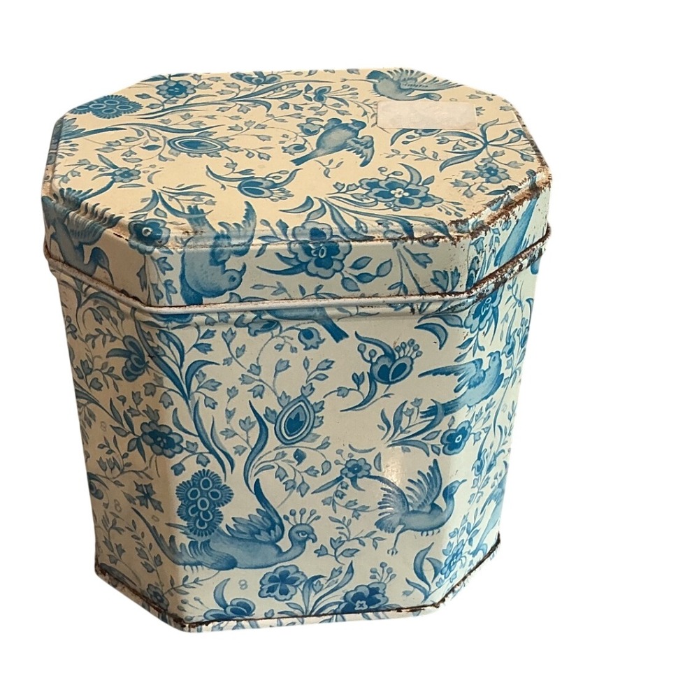 Vintage Elite Tin Toile Trinket Box Blue White Floral Bird Gift French Country